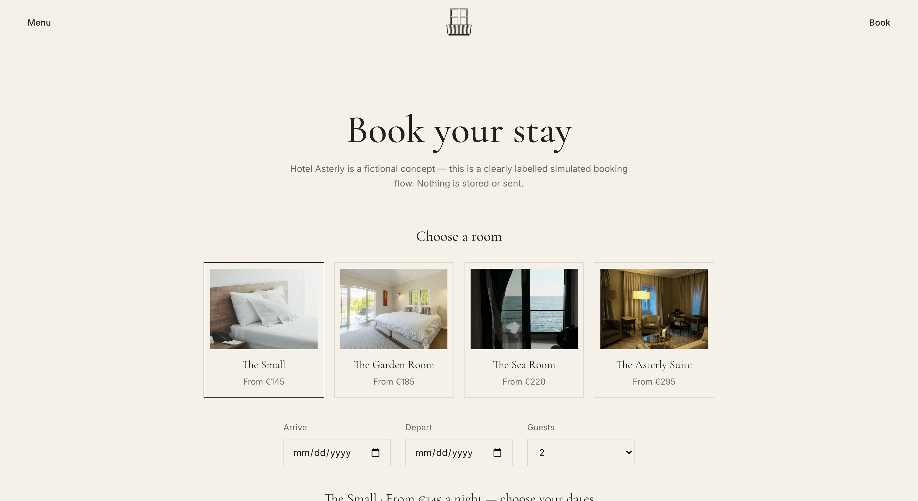 Hotel Asterly concept site, simulated booking flow, desktop