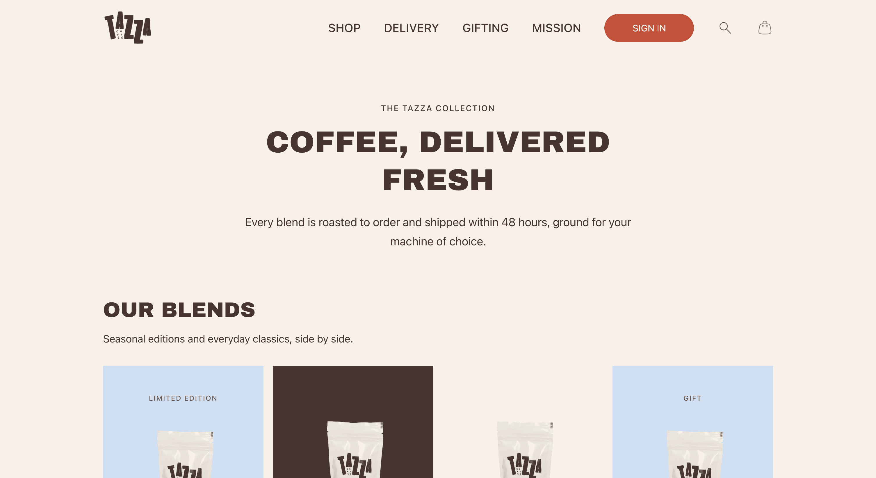 Tazza Coffee concept site, shop and product grid, desktop