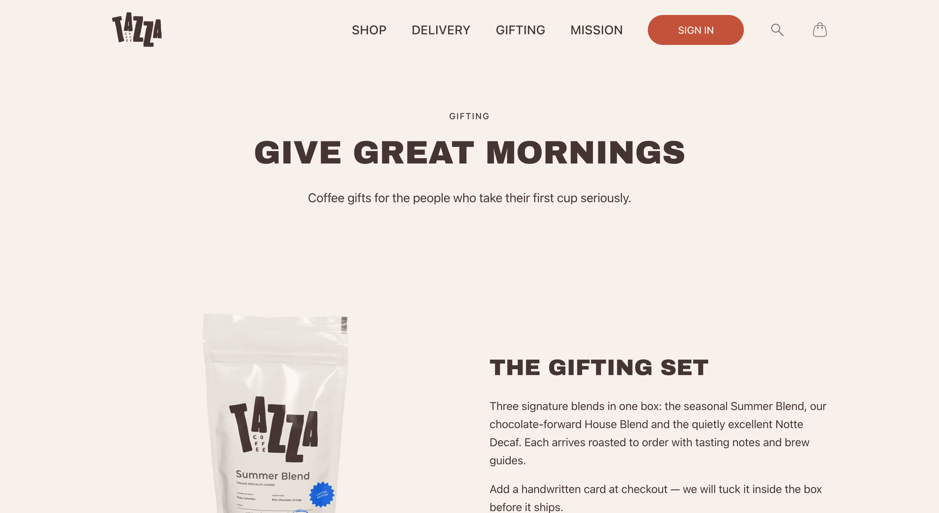 Tazza Coffee concept site, gifting, desktop