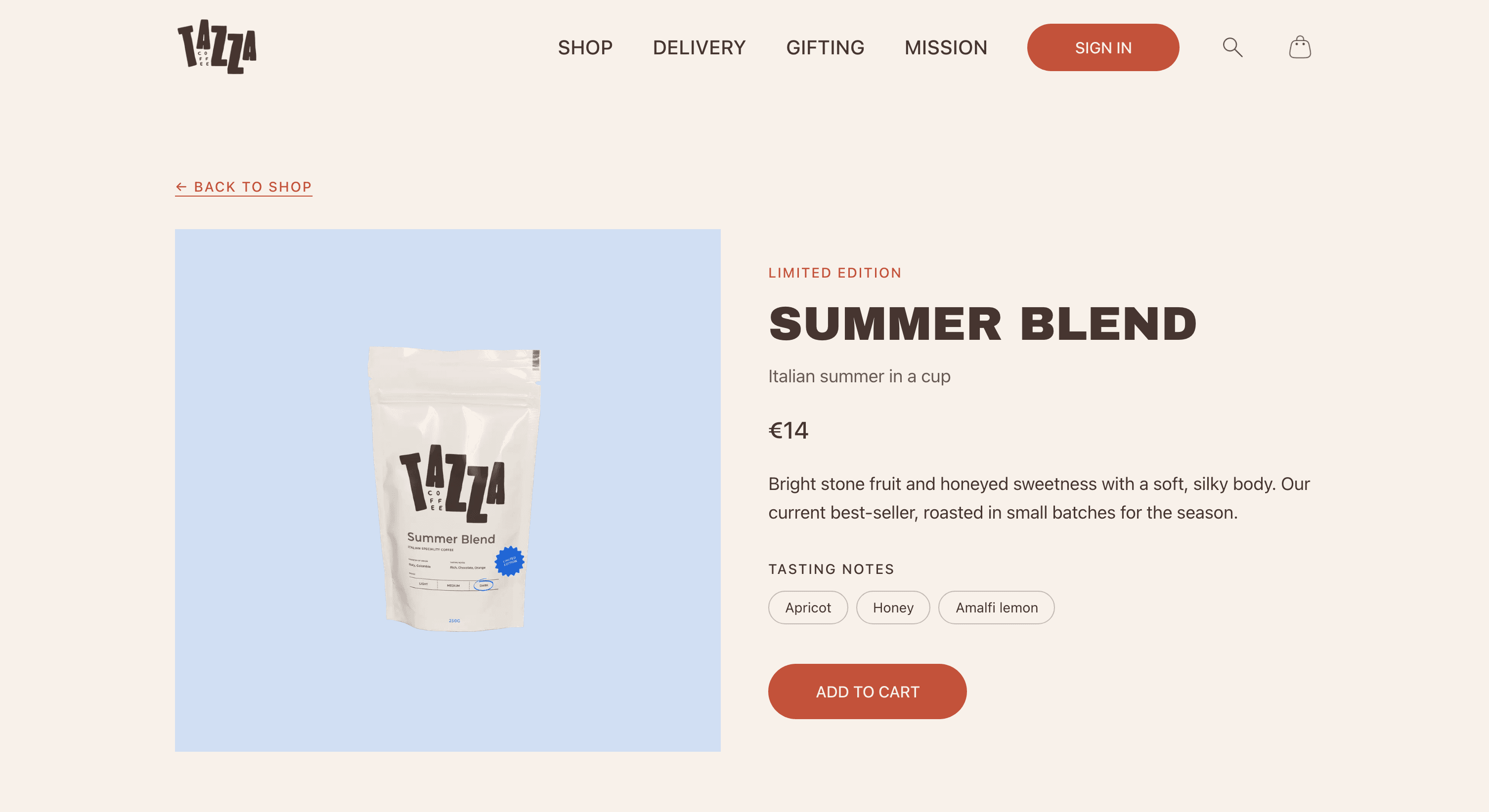 Tazza Coffee concept site, Summer Blend product detail, desktop