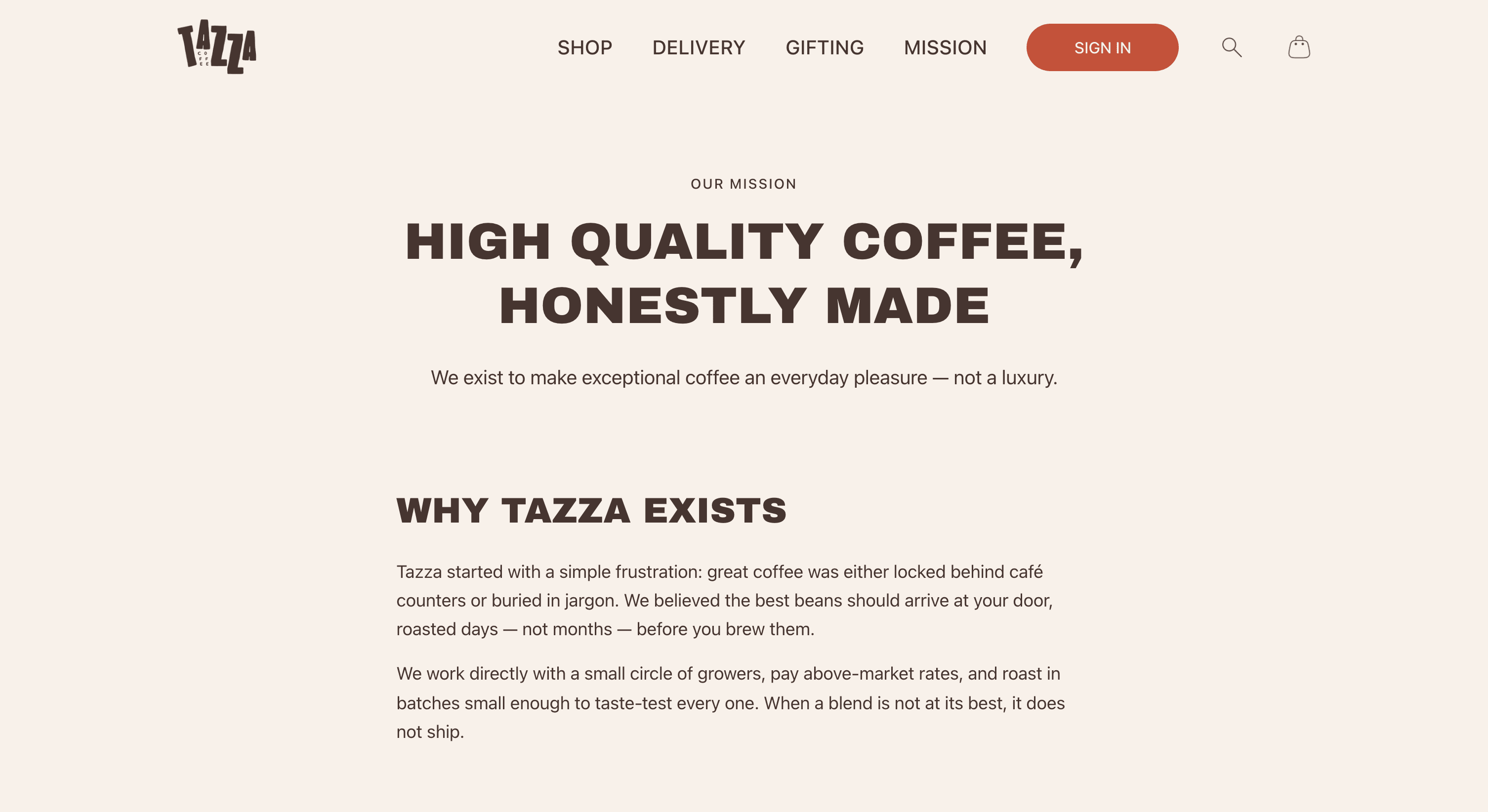 Tazza Coffee concept site, mission page, desktop